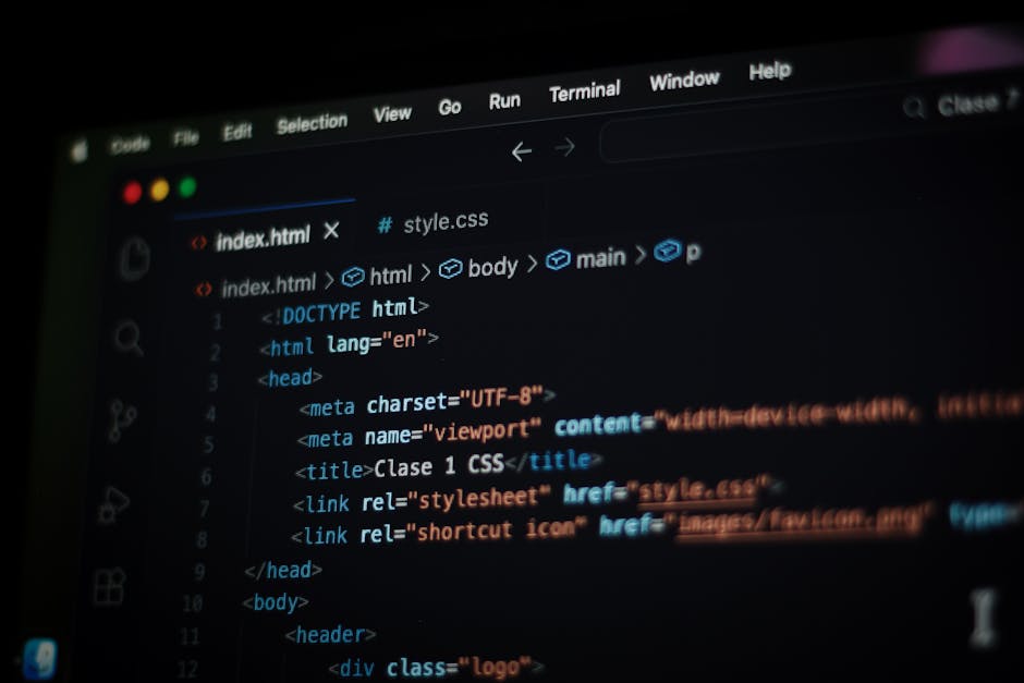 The image depicts a computer screen displaying HTML code within a text editor. The visible code includes elements such as the DOCTYPE declaration, <html>, <head>, and <body> tags, with metadata like c