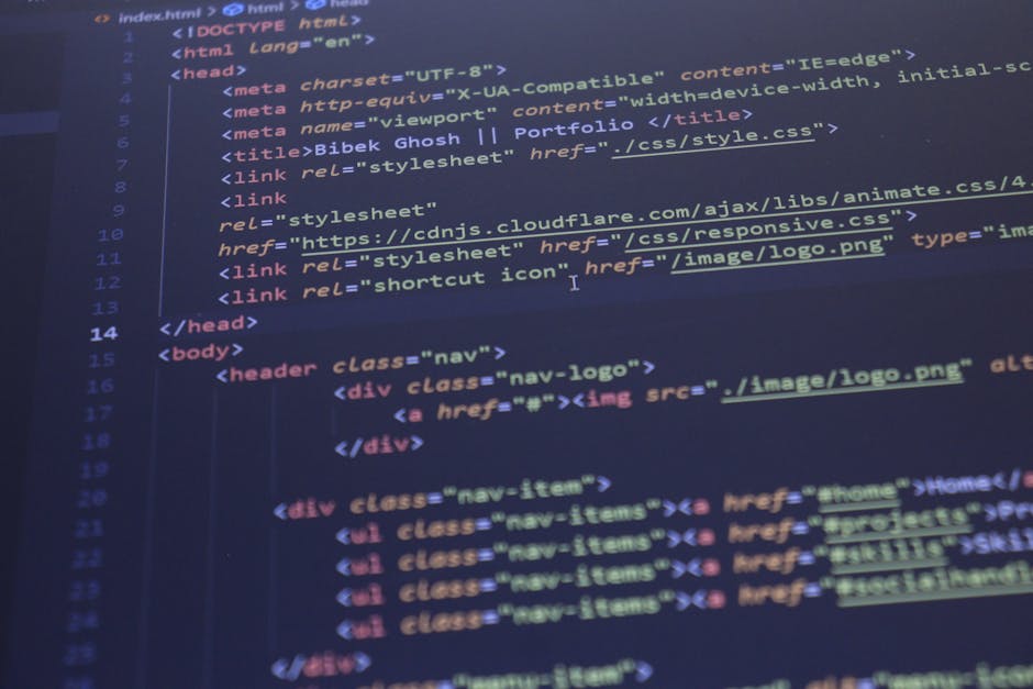 The image depicts a computer screen displaying HTML code within a text editor. The visible code includes elements such as the DOCTYPE declaration, <html>, <head>, and <body> tags, with metadata like c